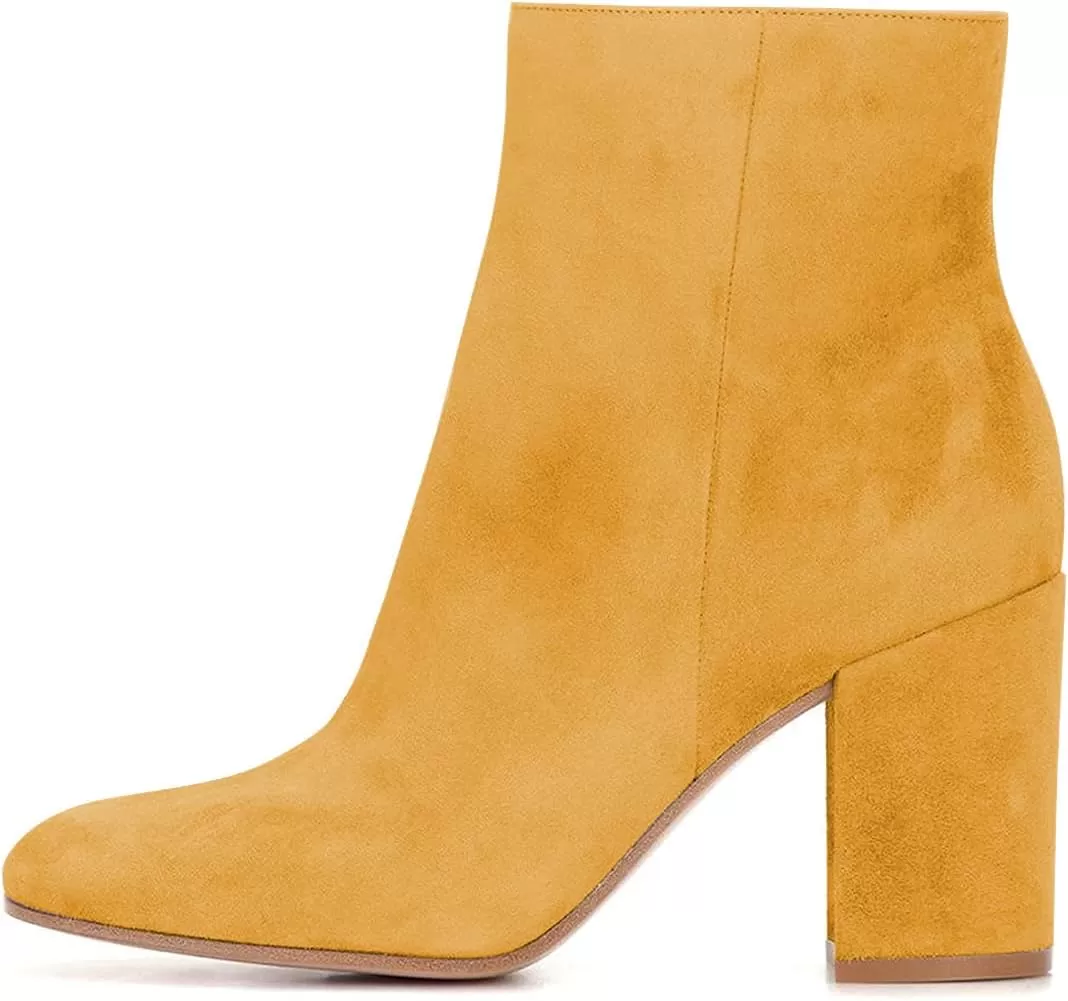 imageFSJ Women Almond Toe Chunky Block High Heel Handmade Ankle Booties Elegant Ladies Casual Dress Daily Boots Size 415 USGoldenrod