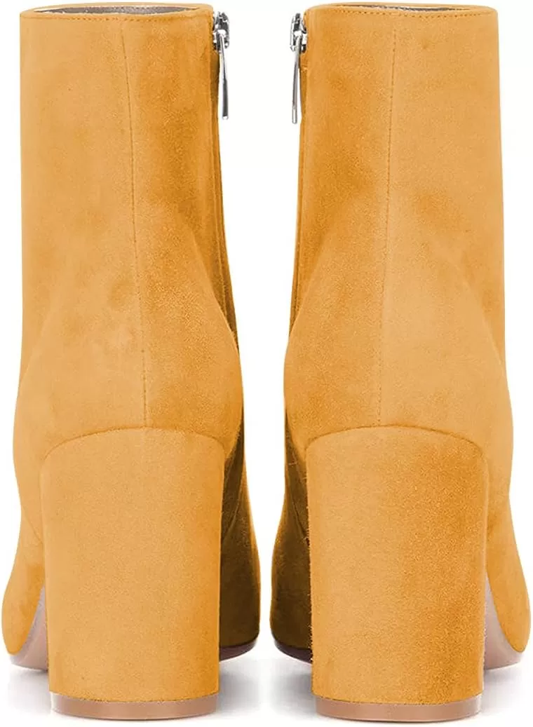 imageFSJ Women Almond Toe Chunky Block High Heel Handmade Ankle Booties Elegant Ladies Casual Dress Daily Boots Size 415 USGoldenrod