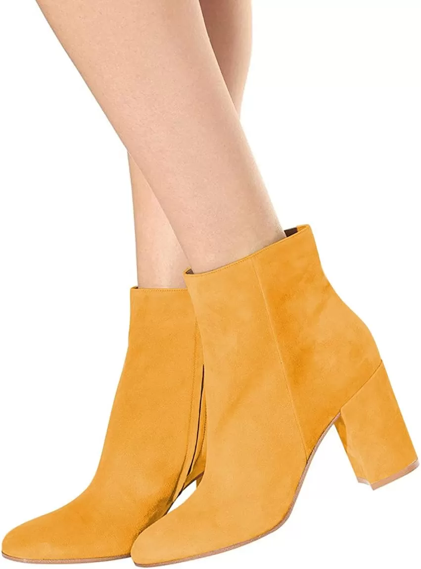 imageFSJ Women Almond Toe Chunky Block High Heel Handmade Ankle Booties Elegant Ladies Casual Dress Daily Boots Size 415 USGoldenrod