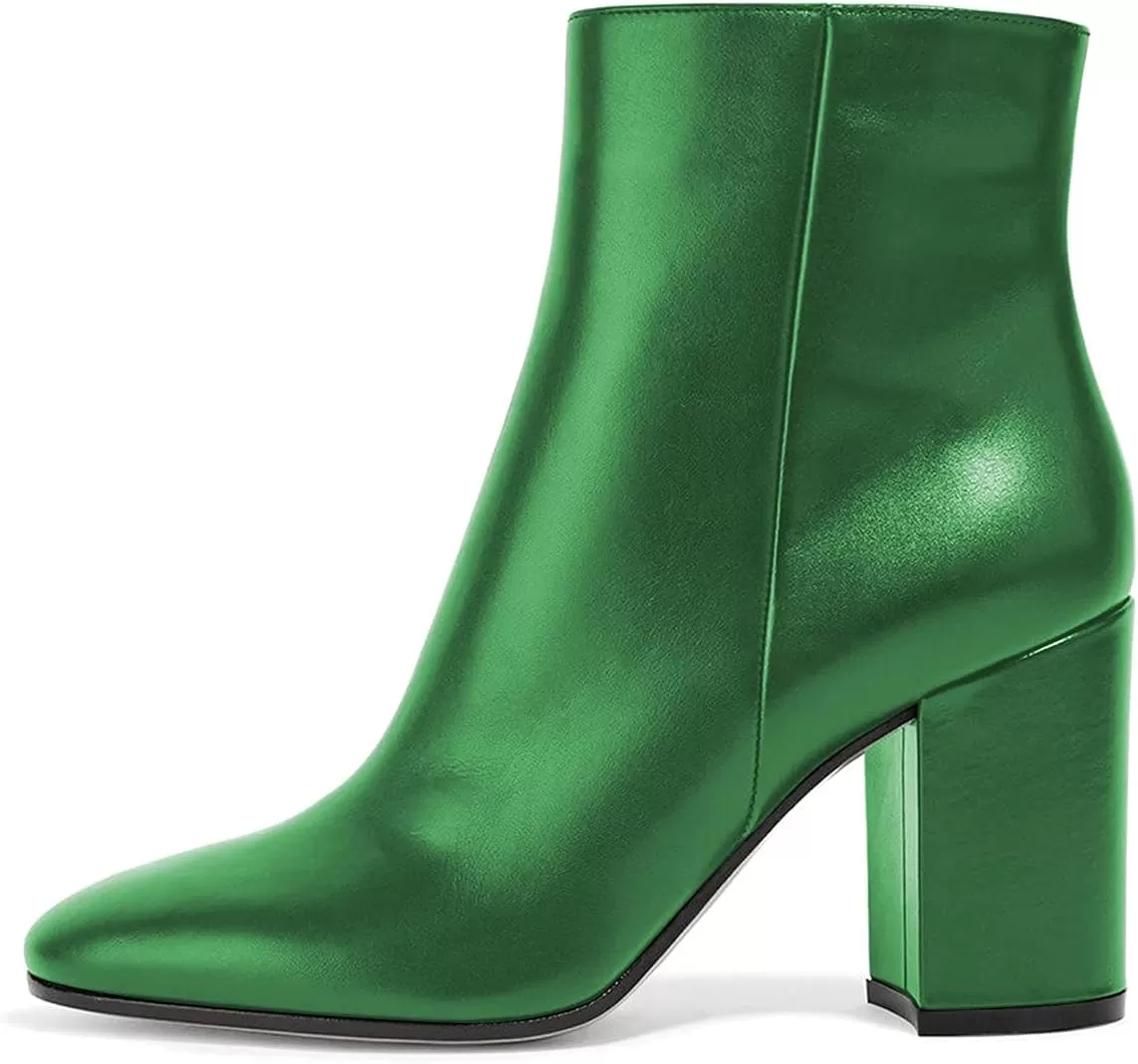 imageFSJ Women Almond Toe Chunky Block High Heel Handmade Ankle Booties Elegant Ladies Casual Dress Daily Boots Size 415 USGreen