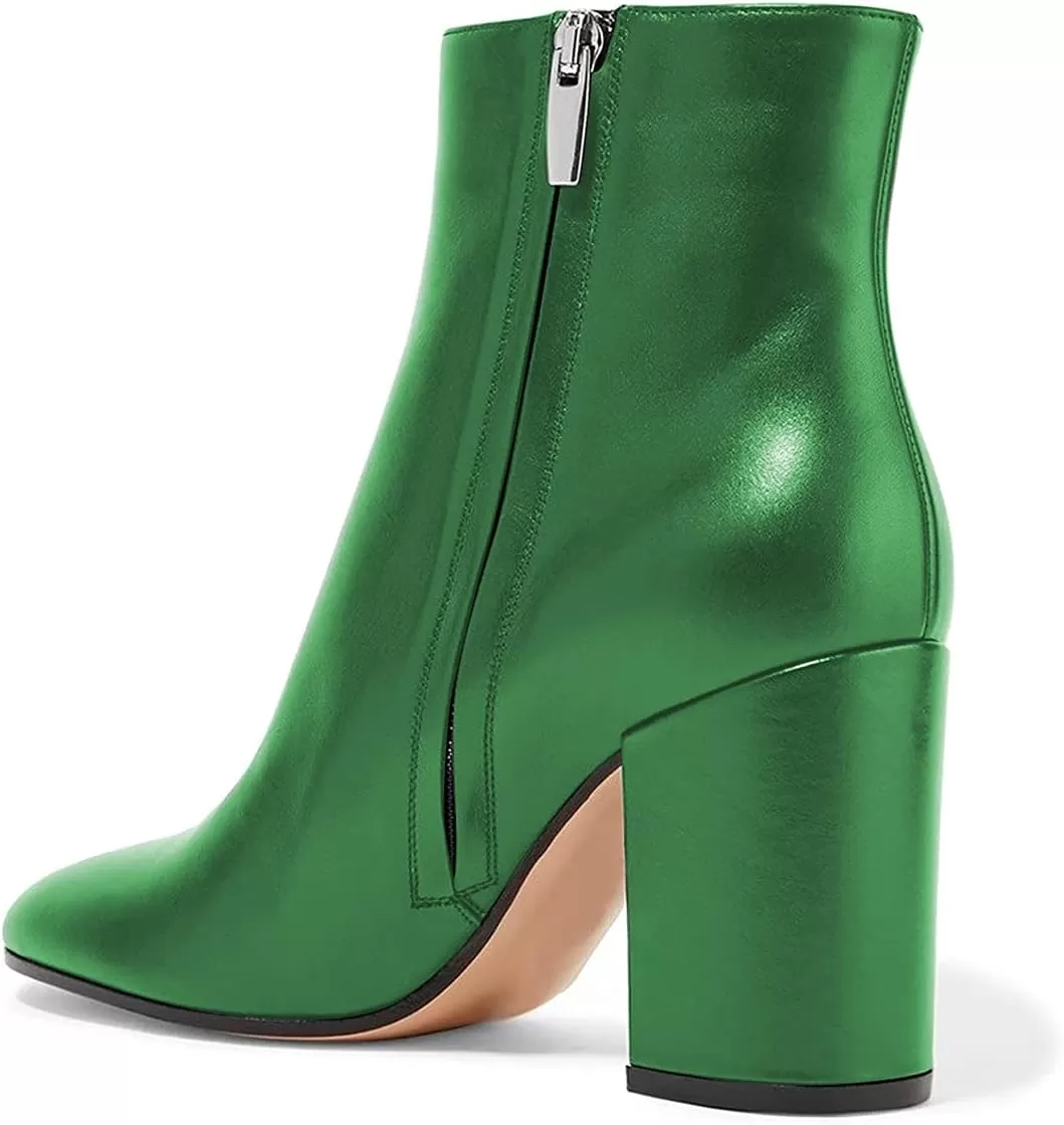 imageFSJ Women Almond Toe Chunky Block High Heel Handmade Ankle Booties Elegant Ladies Casual Dress Daily Boots Size 415 USGreen