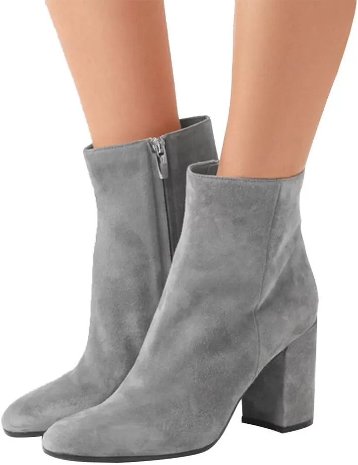 imageFSJ Women Almond Toe Chunky Block High Heel Handmade Ankle Booties Elegant Ladies Casual Dress Daily Boots Size 415 USGrey