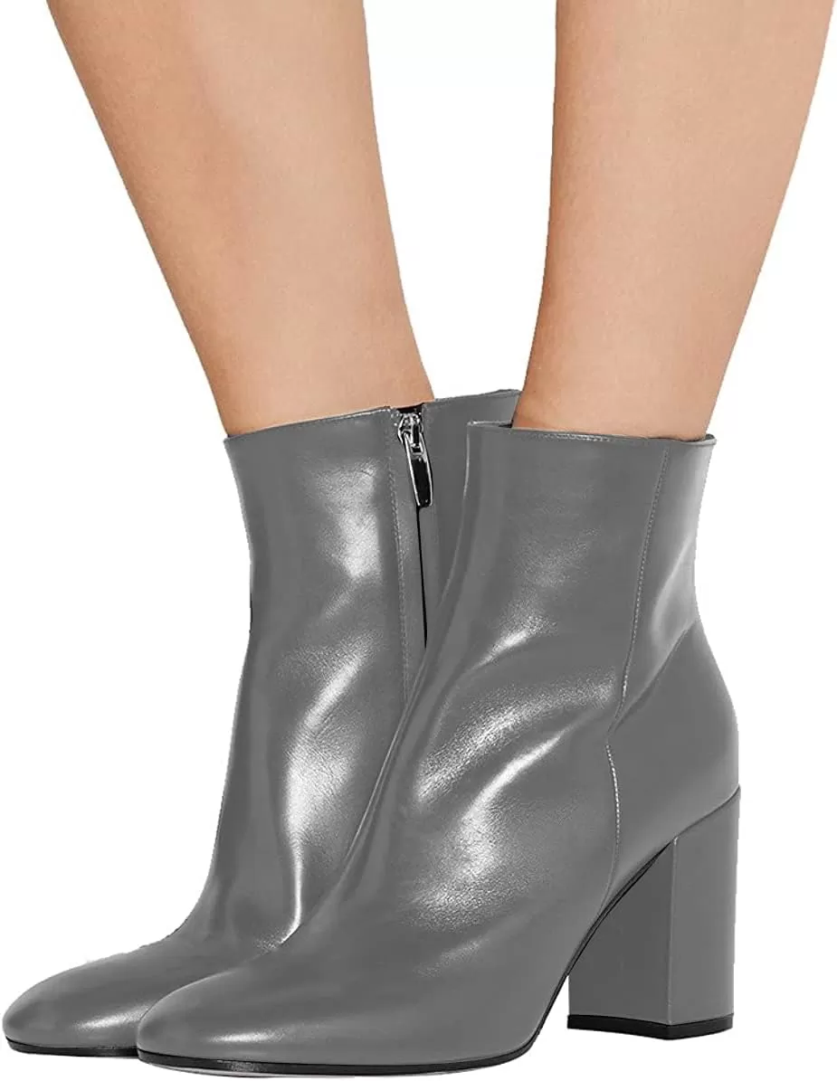 imageFSJ Women Almond Toe Chunky Block High Heel Handmade Ankle Booties Elegant Ladies Casual Dress Daily Boots Size 415 USGrey Glossy