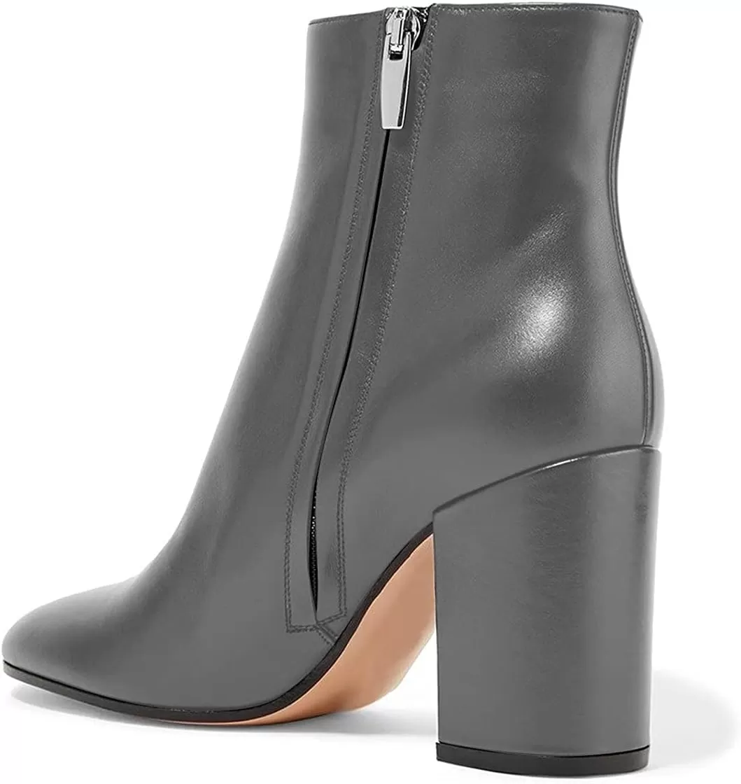 imageFSJ Women Almond Toe Chunky Block High Heel Handmade Ankle Booties Elegant Ladies Casual Dress Daily Boots Size 415 USGrey Glossy