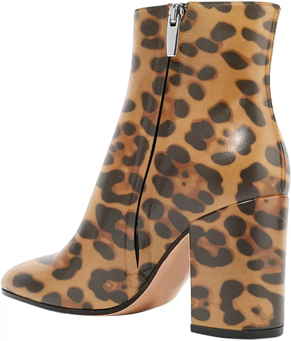 imageFSJ Women Almond Toe Chunky Block High Heel Handmade Ankle Booties Elegant Ladies Casual Dress Daily Boots Size 415 USLeopard