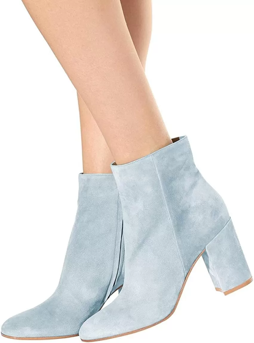 imageFSJ Women Almond Toe Chunky Block High Heel Handmade Ankle Booties Elegant Ladies Casual Dress Daily Boots Size 415 USLight Blue
