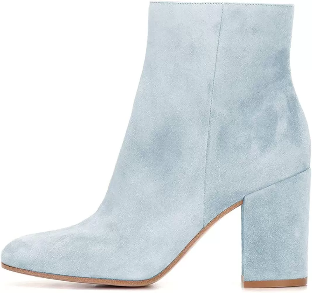 imageFSJ Women Almond Toe Chunky Block High Heel Handmade Ankle Booties Elegant Ladies Casual Dress Daily Boots Size 415 USLight Blue