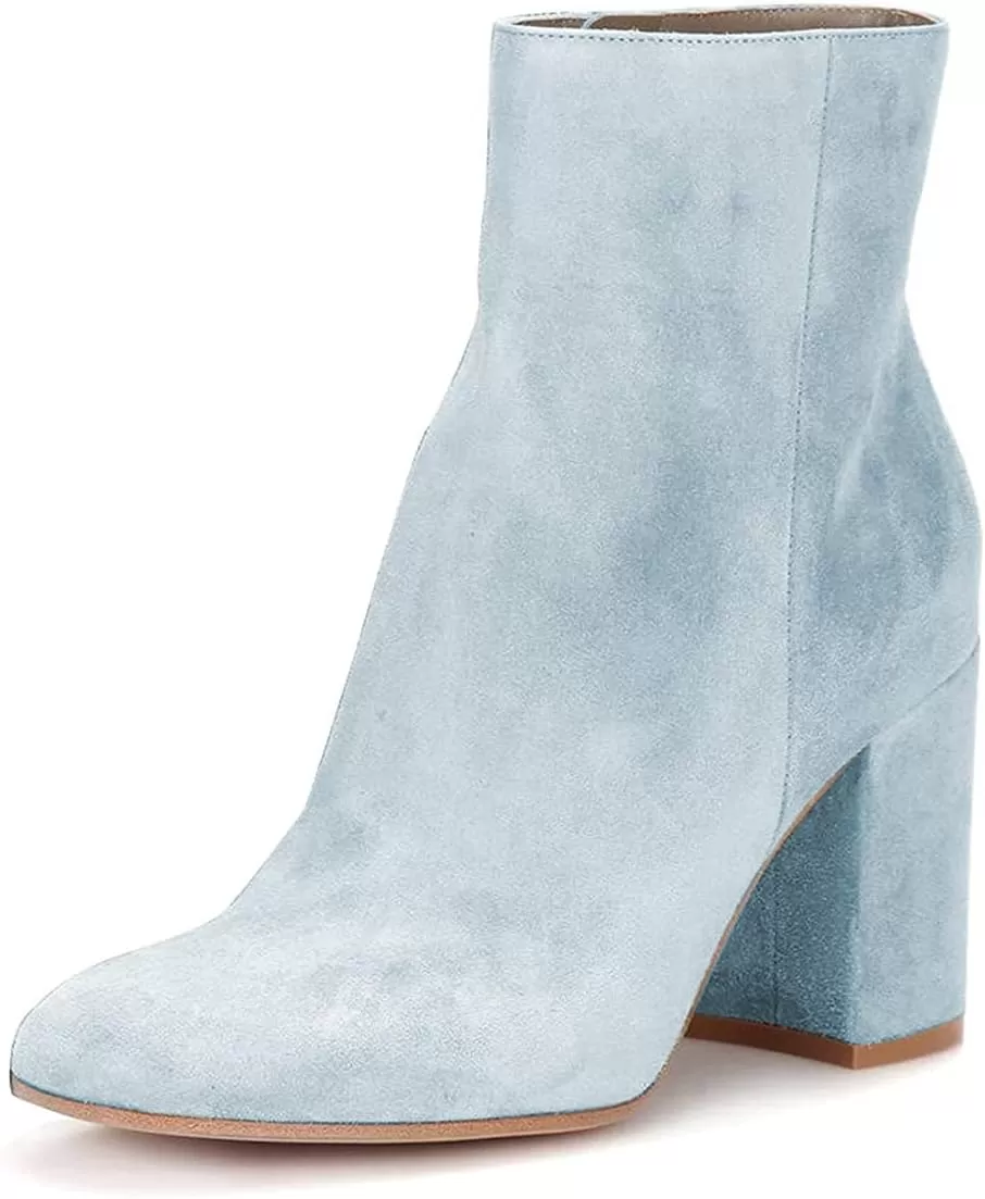 imageFSJ Women Almond Toe Chunky Block High Heel Handmade Ankle Booties Elegant Ladies Casual Dress Daily Boots Size 415 USLight Blue