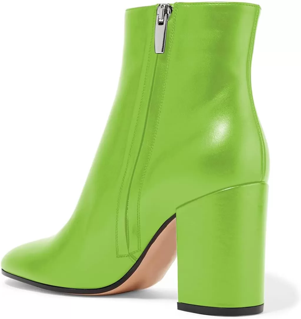 imageFSJ Women Almond Toe Chunky Block High Heel Handmade Ankle Booties Elegant Ladies Casual Dress Daily Boots Size 415 USLime Green