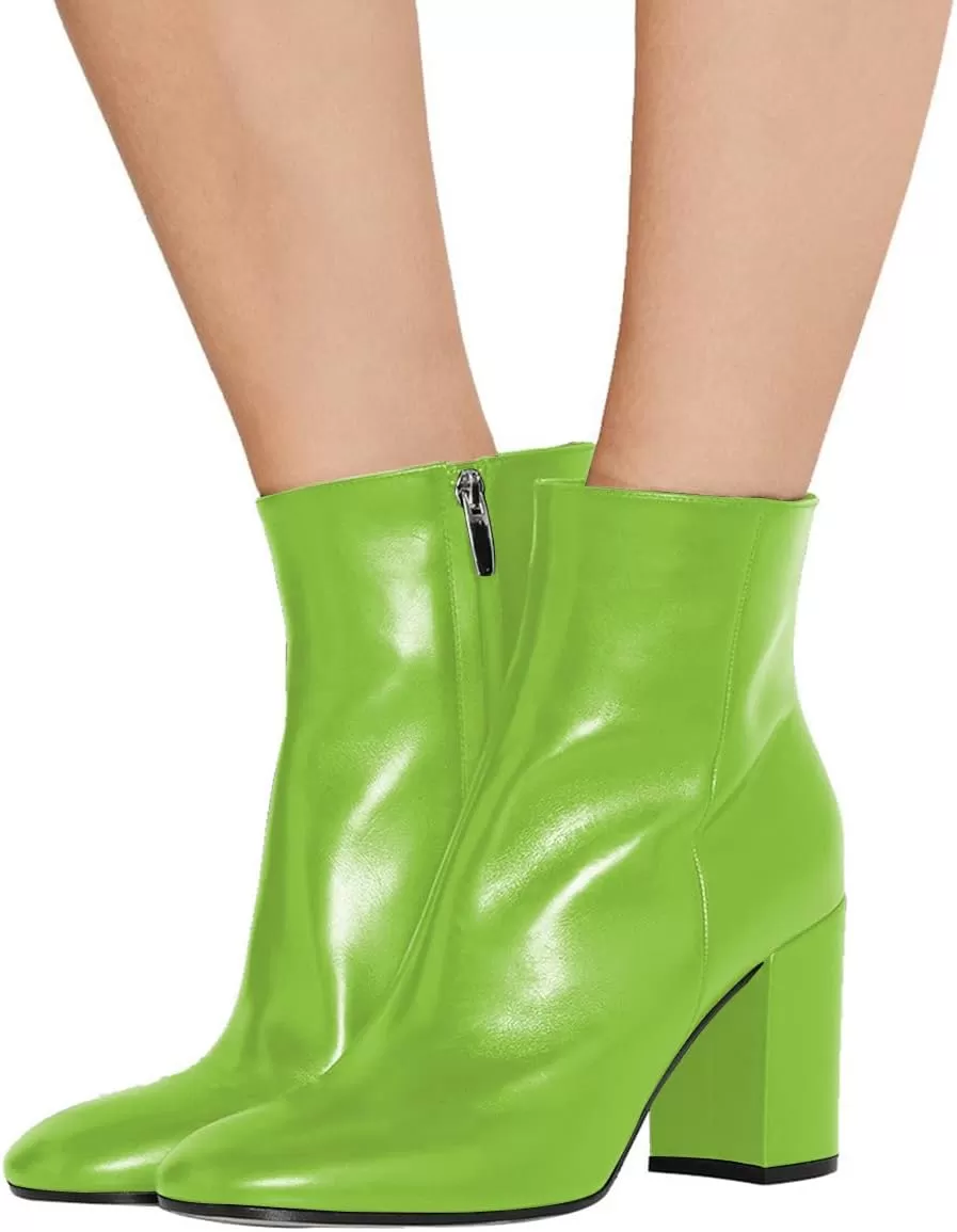 imageFSJ Women Almond Toe Chunky Block High Heel Handmade Ankle Booties Elegant Ladies Casual Dress Daily Boots Size 415 USLime Green