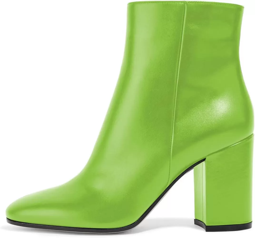imageFSJ Women Almond Toe Chunky Block High Heel Handmade Ankle Booties Elegant Ladies Casual Dress Daily Boots Size 415 USLime Green