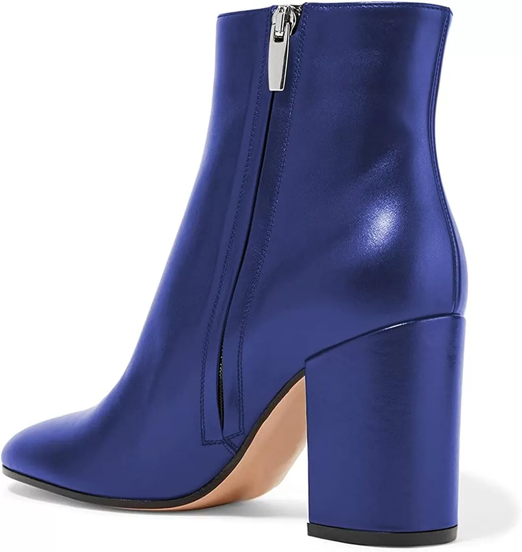 imageFSJ Women Almond Toe Chunky Block High Heel Handmade Ankle Booties Elegant Ladies Casual Dress Daily Boots Size 415 USNavy