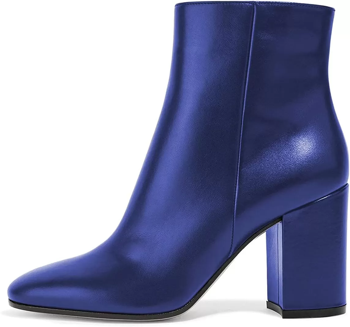 imageFSJ Women Almond Toe Chunky Block High Heel Handmade Ankle Booties Elegant Ladies Casual Dress Daily Boots Size 415 USNavy
