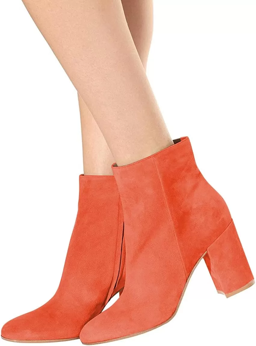 imageFSJ Women Almond Toe Chunky Block High Heel Handmade Ankle Booties Elegant Ladies Casual Dress Daily Boots Size 415 USOrange Red