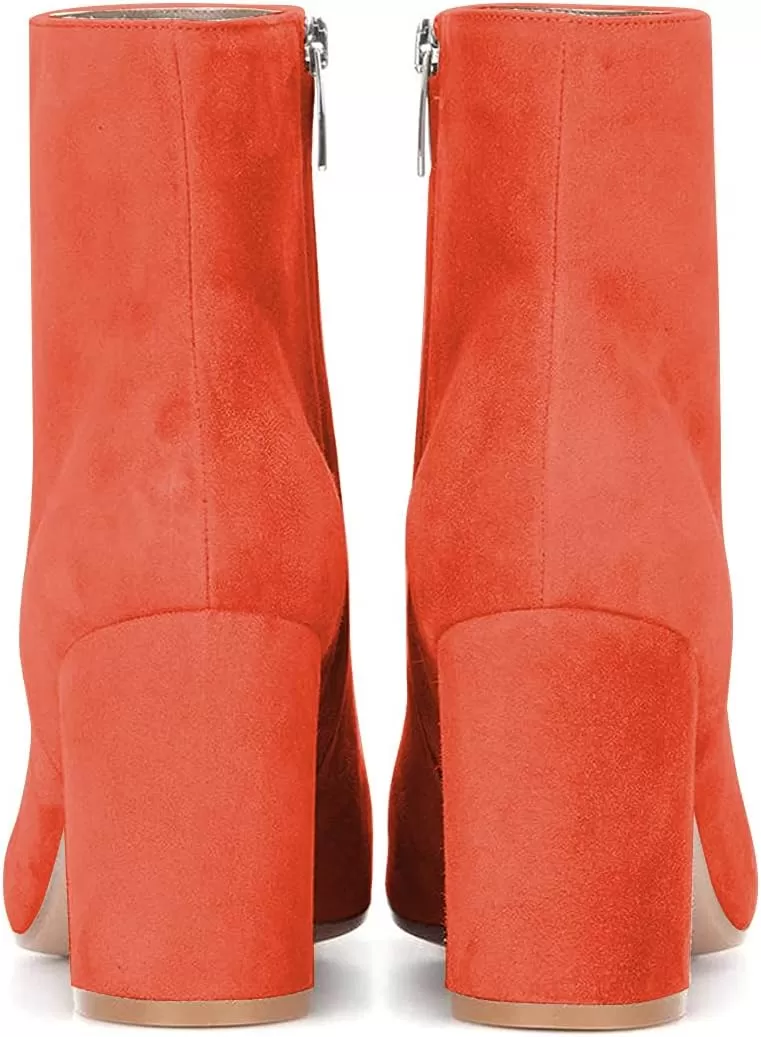 imageFSJ Women Almond Toe Chunky Block High Heel Handmade Ankle Booties Elegant Ladies Casual Dress Daily Boots Size 415 USOrange Red