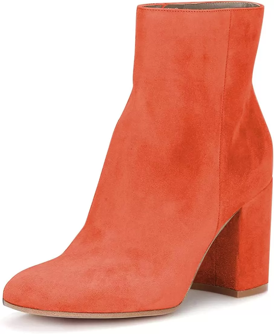 imageFSJ Women Almond Toe Chunky Block High Heel Handmade Ankle Booties Elegant Ladies Casual Dress Daily Boots Size 415 USOrange Red