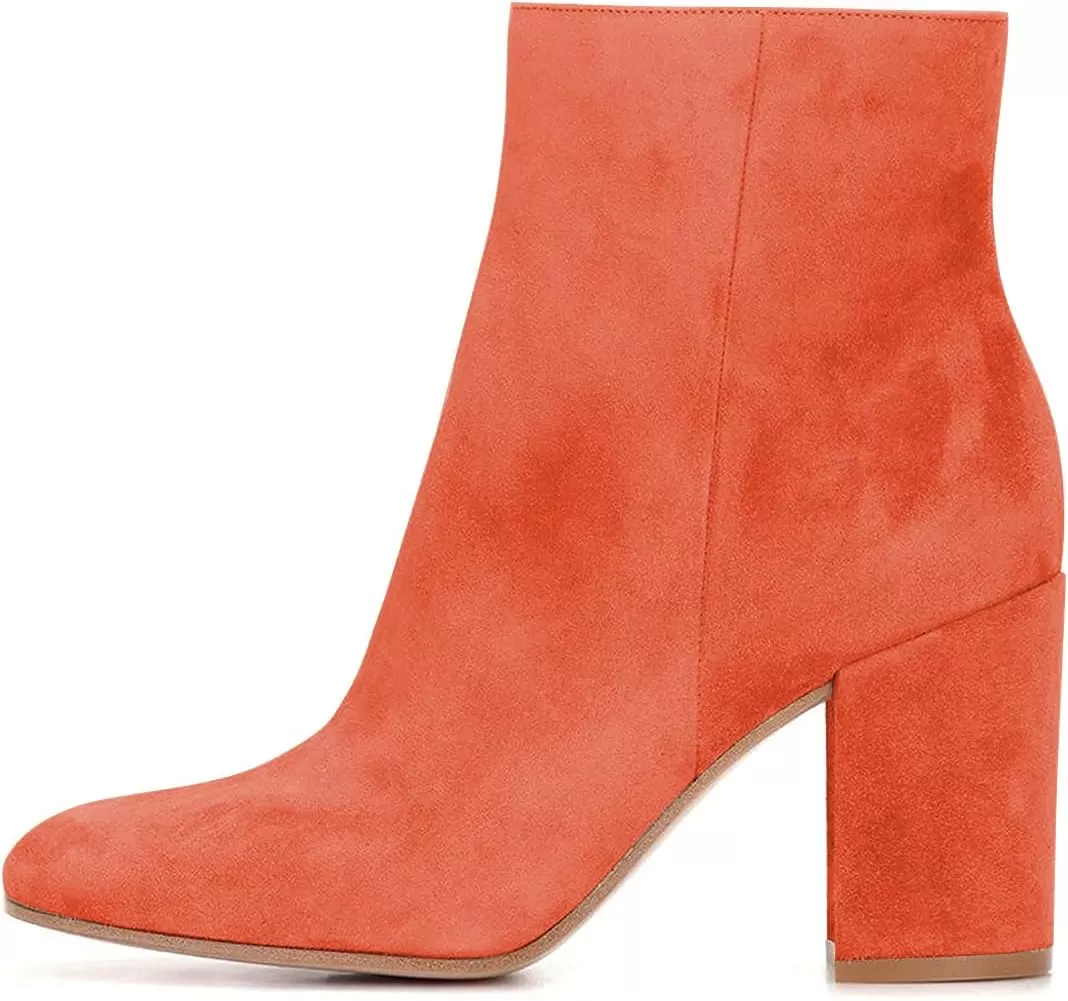 imageFSJ Women Almond Toe Chunky Block High Heel Handmade Ankle Booties Elegant Ladies Casual Dress Daily Boots Size 415 USOrange Red