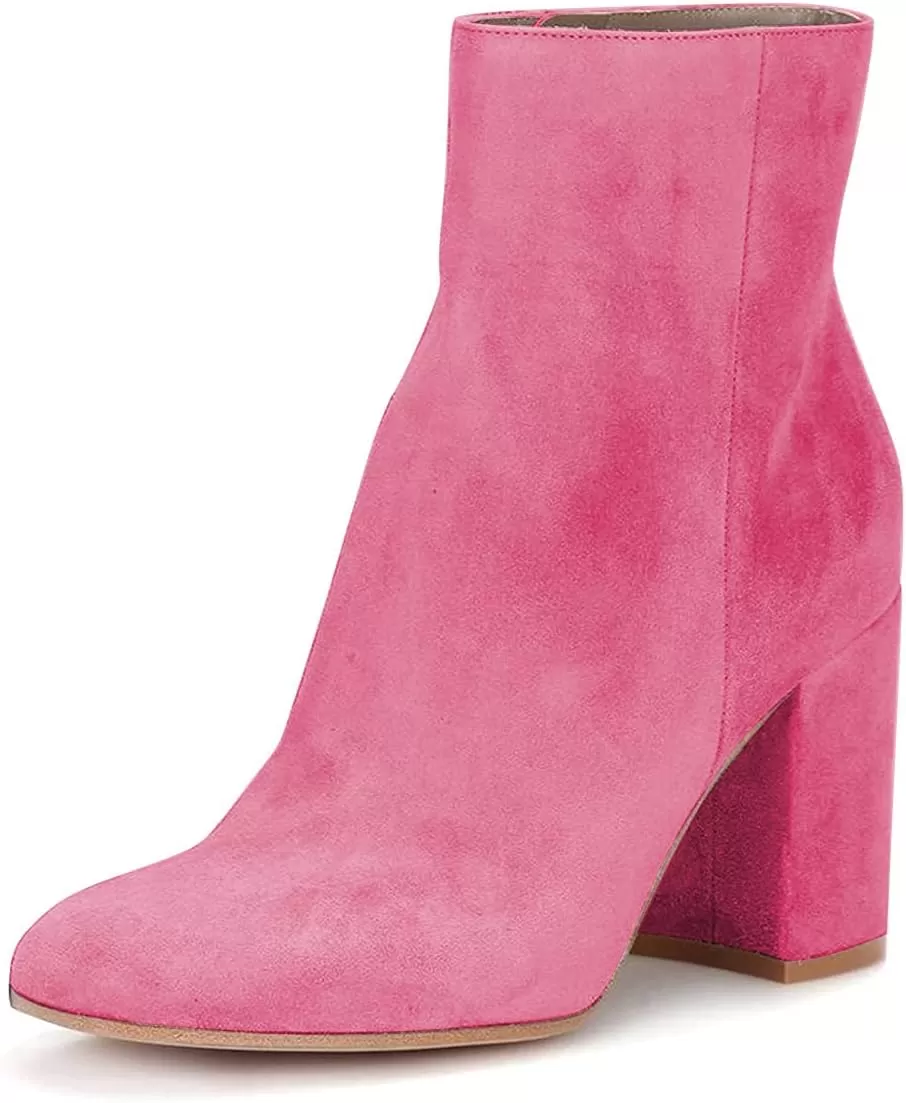 imageFSJ Women Almond Toe Chunky Block High Heel Handmade Ankle Booties Elegant Ladies Casual Dress Daily Boots Size 415 USPink