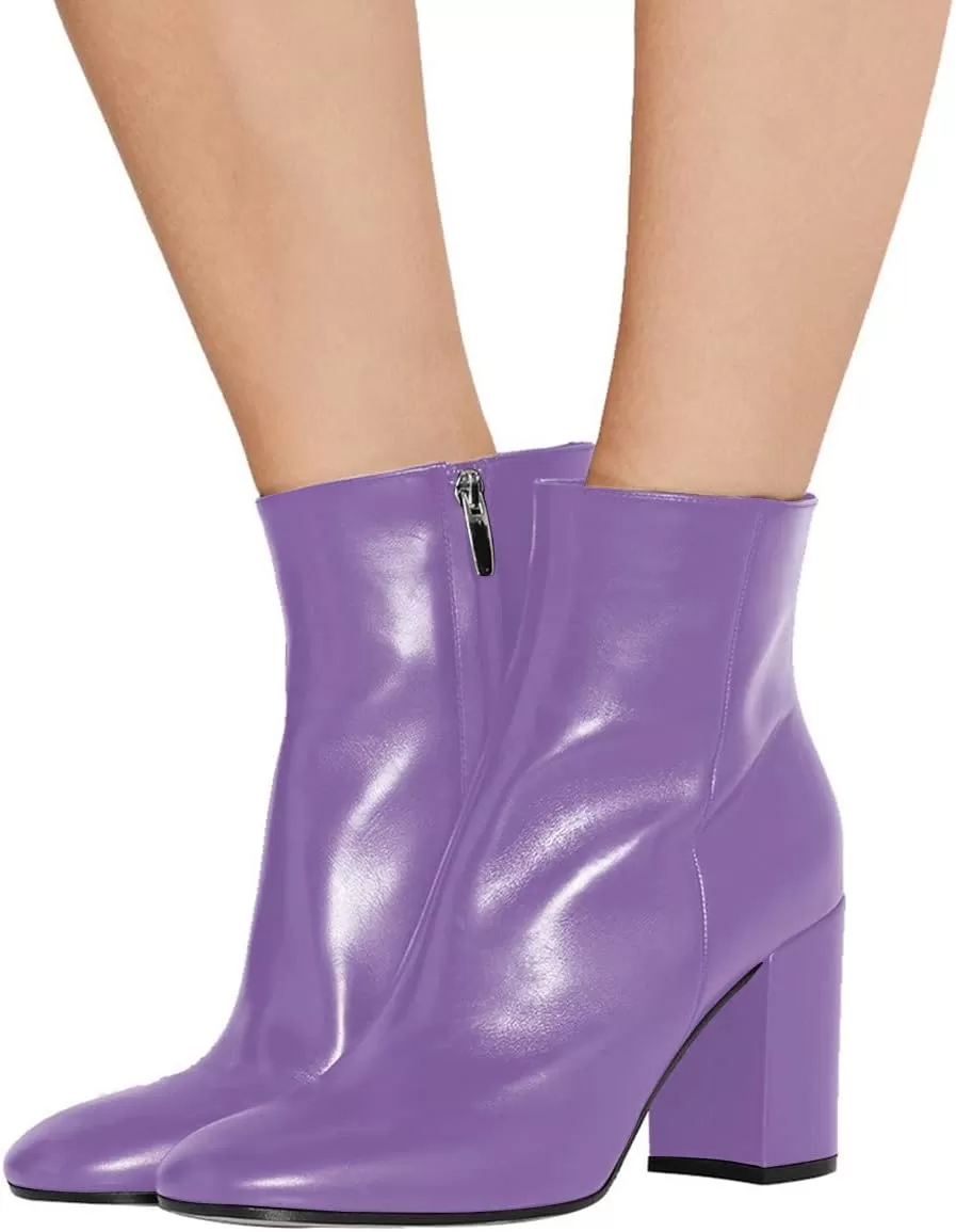 imageFSJ Women Almond Toe Chunky Block High Heel Handmade Ankle Booties Elegant Ladies Casual Dress Daily Boots Size 415 USPurple
