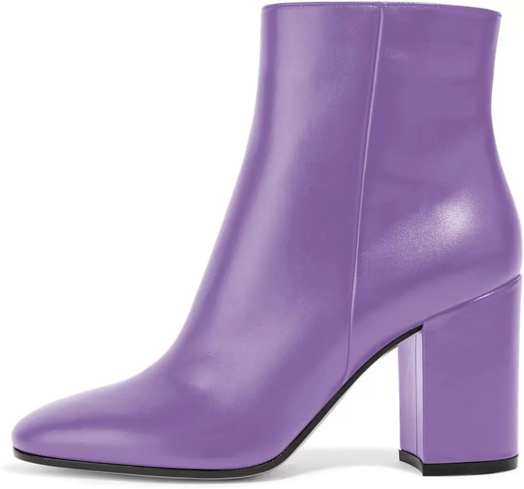 imageFSJ Women Almond Toe Chunky Block High Heel Handmade Ankle Booties Elegant Ladies Casual Dress Daily Boots Size 415 USPurple