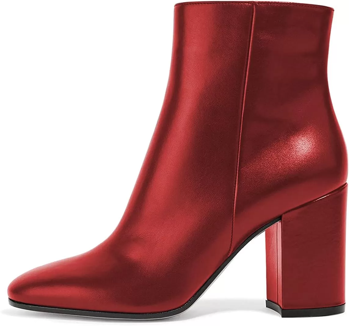 imageFSJ Women Almond Toe Chunky Block High Heel Handmade Ankle Booties Elegant Ladies Casual Dress Daily Boots Size 415 USRed
