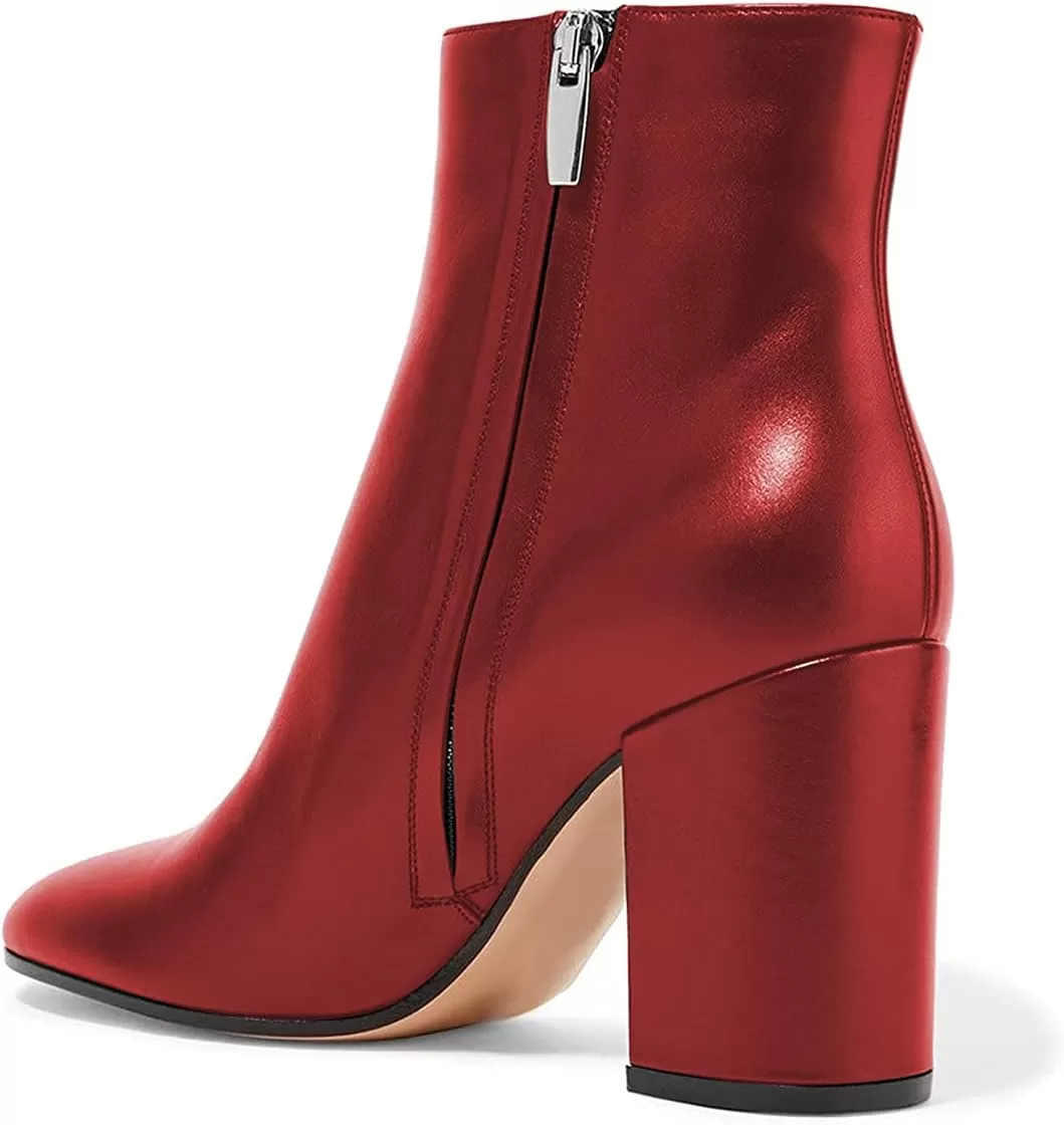 imageFSJ Women Almond Toe Chunky Block High Heel Handmade Ankle Booties Elegant Ladies Casual Dress Daily Boots Size 415 USRed