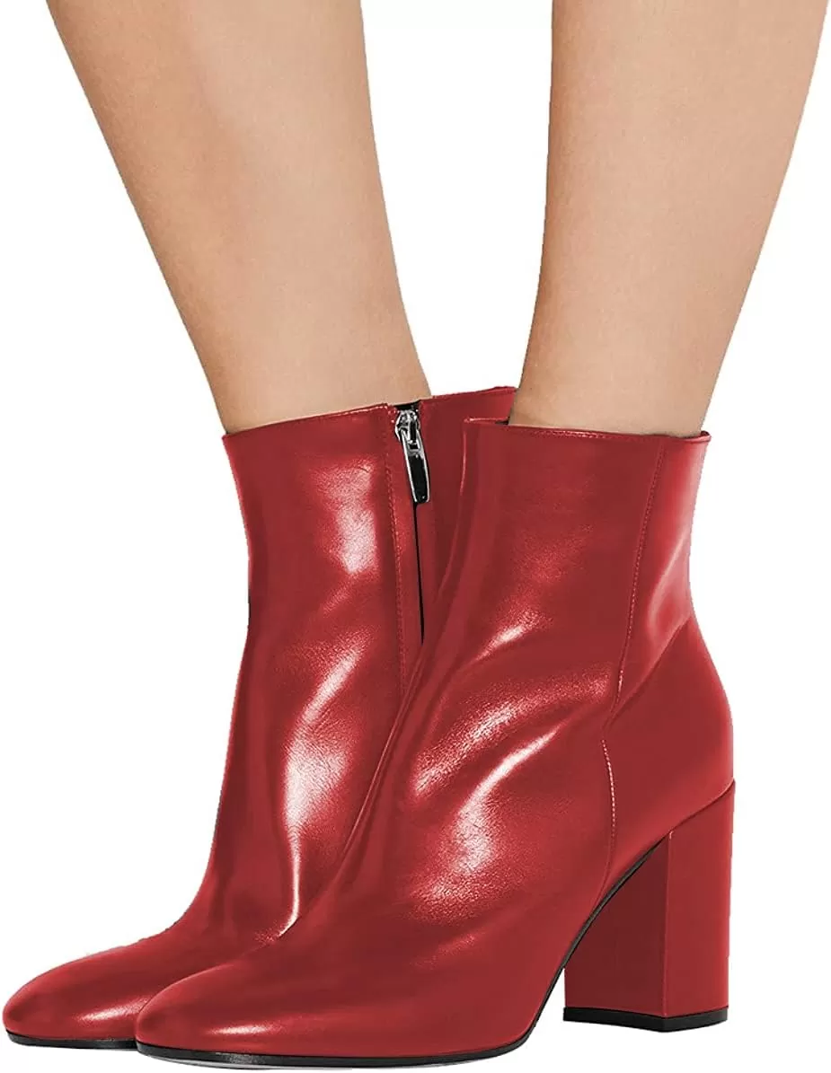 imageFSJ Women Almond Toe Chunky Block High Heel Handmade Ankle Booties Elegant Ladies Casual Dress Daily Boots Size 415 USRed