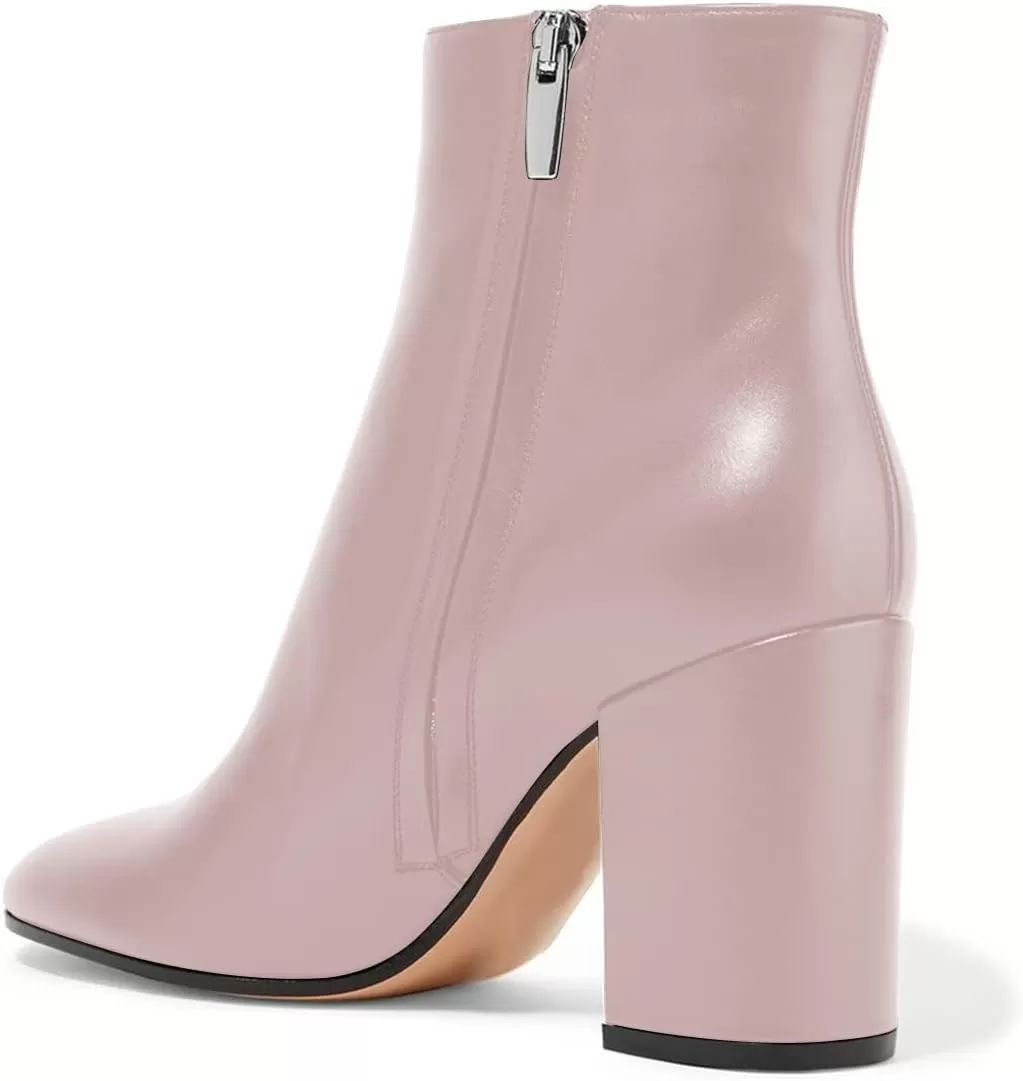 imageFSJ Women Almond Toe Chunky Block High Heel Handmade Ankle Booties Elegant Ladies Casual Dress Daily Boots Size 415 USRose Pink