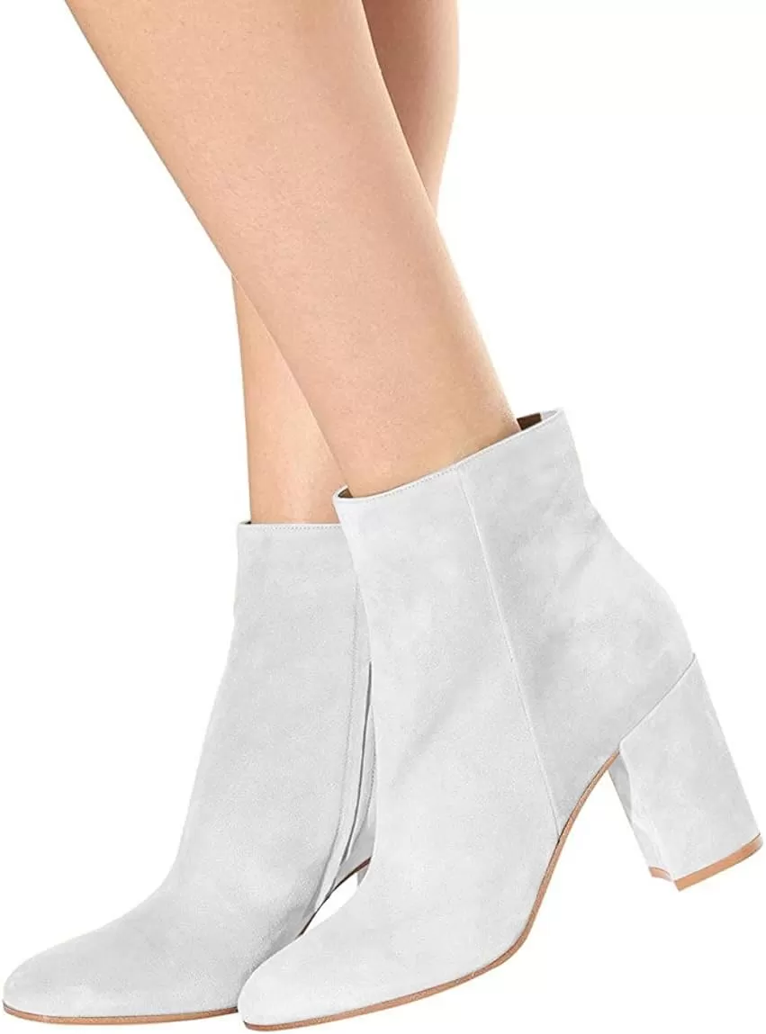 imageFSJ Women Almond Toe Chunky Block High Heel Handmade Ankle Booties Elegant Ladies Casual Dress Daily Boots Size 415 USWhite