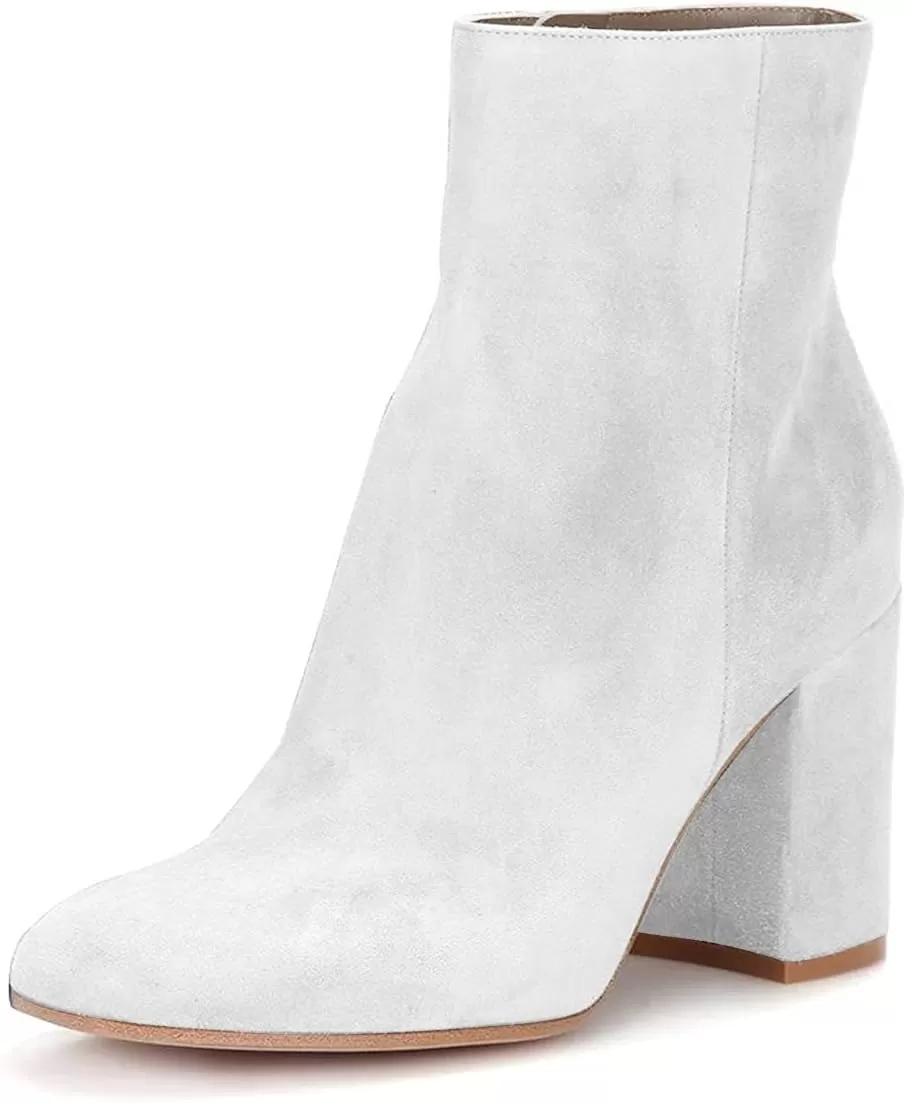 imageFSJ Women Almond Toe Chunky Block High Heel Handmade Ankle Booties Elegant Ladies Casual Dress Daily Boots Size 415 USWhite