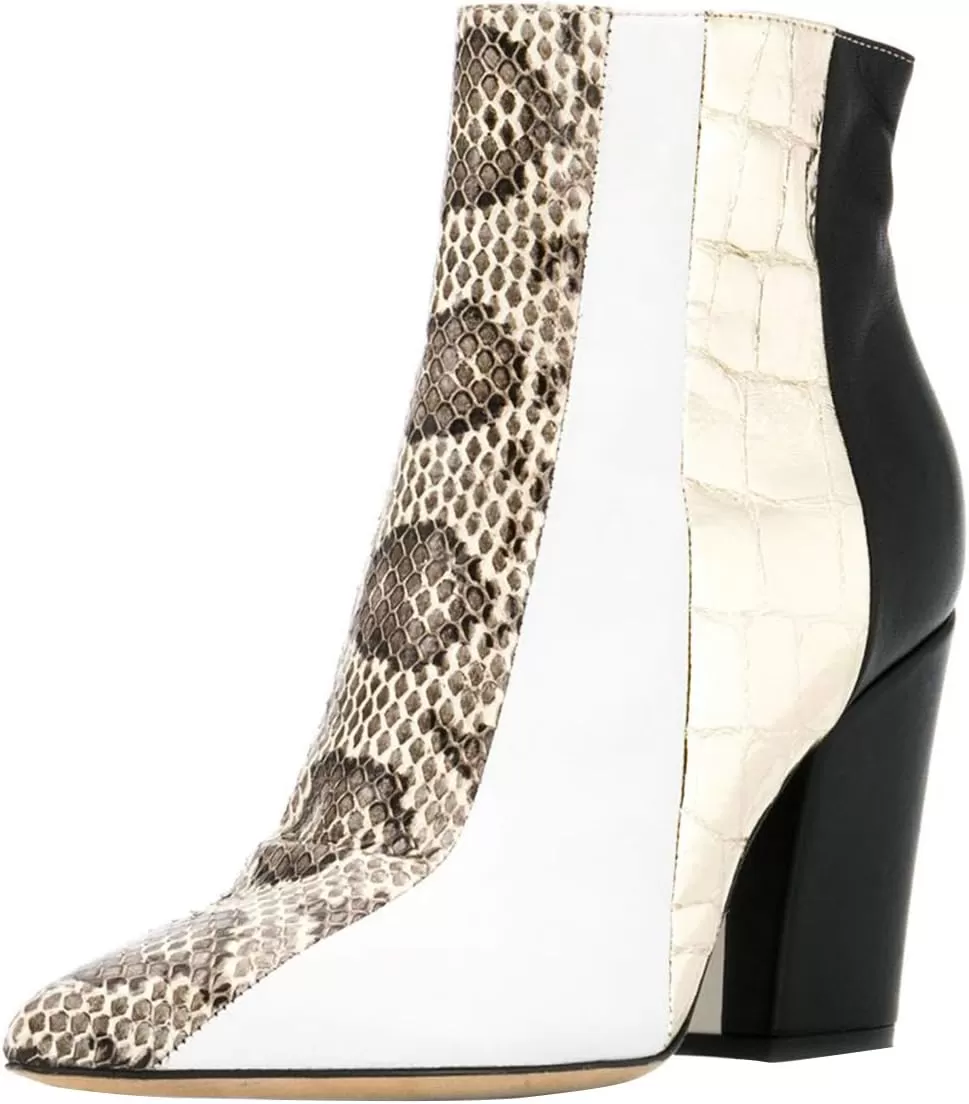 imageFSJ Women Almond Toe Chunky Block High Heel Handmade Ankle Booties Elegant Ladies Casual Dress Daily Boots Size 415 USWhite Animal Print