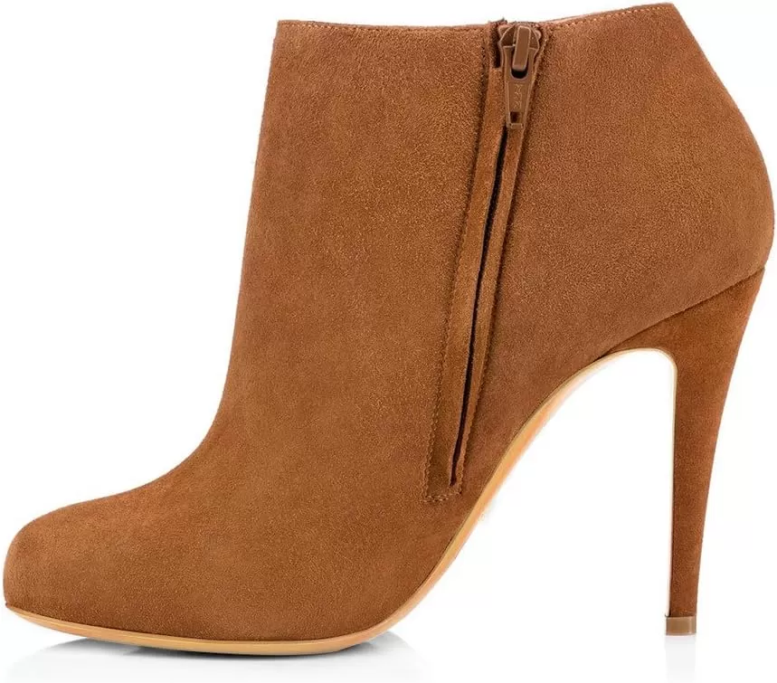 imageFSJ Women Fashion Almond Toe Boots Stiletto High Heels Ankle Booties Comfy Shoes Side Zipper US Size 415 USBrownSuede