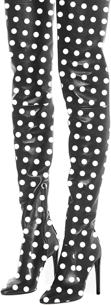 imageFSJ Women Fashion Pointed Toe Stiletto Heel Thigh High Over The Knee Boots Pull On Side Zipper Patent Leather Winter Shoes Size 415 USBlack Dots
