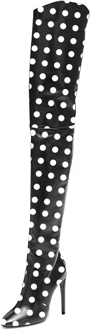 imageFSJ Women Fashion Pointed Toe Stiletto Heel Thigh High Over The Knee Boots Pull On Side Zipper Patent Leather Winter Shoes Size 415 USBlack Dots