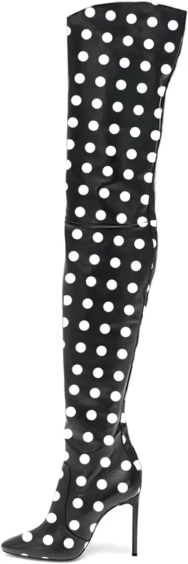 imageFSJ Women Fashion Pointed Toe Stiletto Heel Thigh High Over The Knee Boots Pull On Side Zipper Patent Leather Winter Shoes Size 415 USBlack Dots