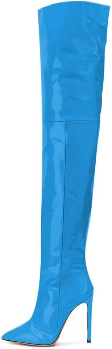 imageFSJ Women Fashion Pointed Toe Stiletto Heel Thigh High Over The Knee Boots Pull On Side Zipper Patent Leather Winter Shoes Size 415 USBlue