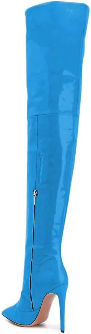 imageFSJ Women Fashion Pointed Toe Stiletto Heel Thigh High Over The Knee Boots Pull On Side Zipper Patent Leather Winter Shoes Size 415 USBlue