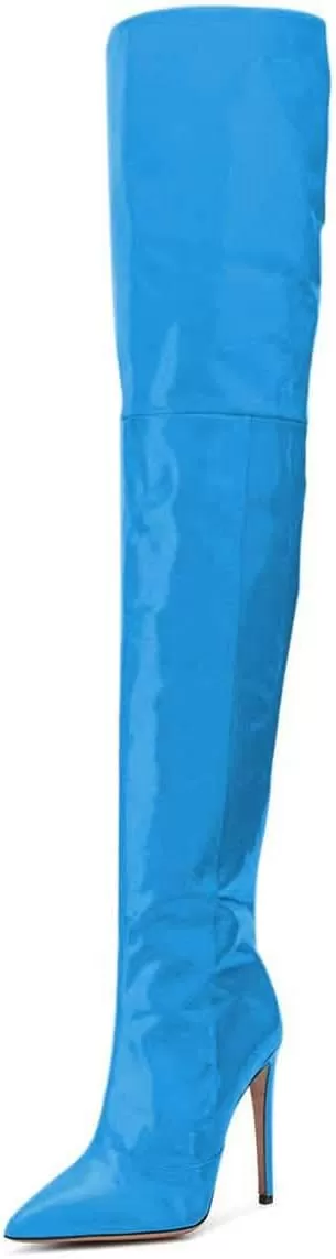 imageFSJ Women Fashion Pointed Toe Stiletto Heel Thigh High Over The Knee Boots Pull On Side Zipper Patent Leather Winter Shoes Size 415 USBlue