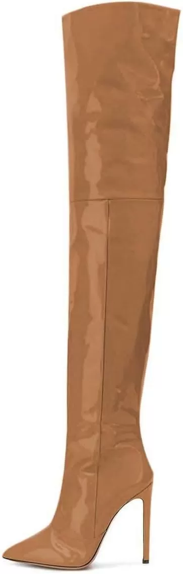 imageFSJ Women Fashion Pointed Toe Stiletto Heel Thigh High Over The Knee Boots Pull On Side Zipper Patent Leather Winter Shoes Size 415 USBrown