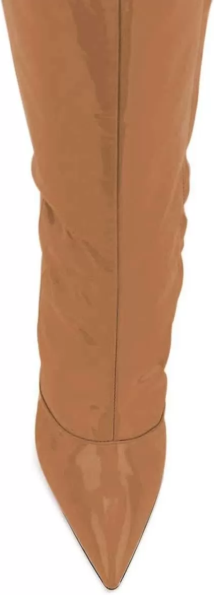 imageFSJ Women Fashion Pointed Toe Stiletto Heel Thigh High Over The Knee Boots Pull On Side Zipper Patent Leather Winter Shoes Size 415 USBrown