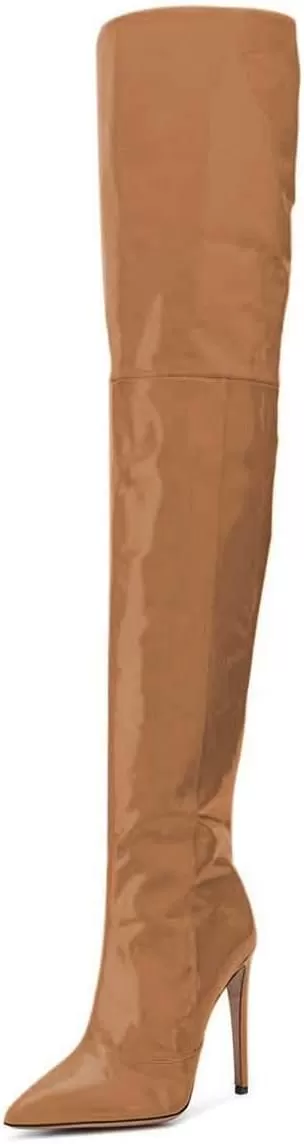imageFSJ Women Fashion Pointed Toe Stiletto Heel Thigh High Over The Knee Boots Pull On Side Zipper Patent Leather Winter Shoes Size 415 USBrown