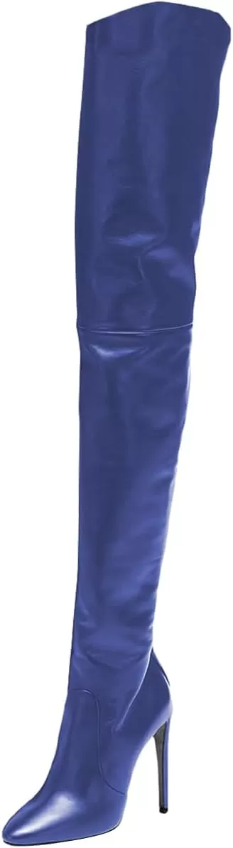 imageFSJ Women Fashion Pointed Toe Stiletto Heel Thigh High Over The Knee Boots Pull On Side Zipper Patent Leather Winter Shoes Size 415 USDark Blue