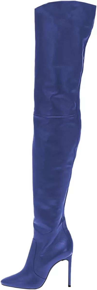 imageFSJ Women Fashion Pointed Toe Stiletto Heel Thigh High Over The Knee Boots Pull On Side Zipper Patent Leather Winter Shoes Size 415 USDark Blue