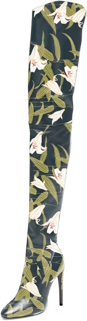 imageFSJ Women Fashion Pointed Toe Stiletto Heel Thigh High Over The Knee Boots Pull On Side Zipper Patent Leather Winter Shoes Size 415 USGreen Flower