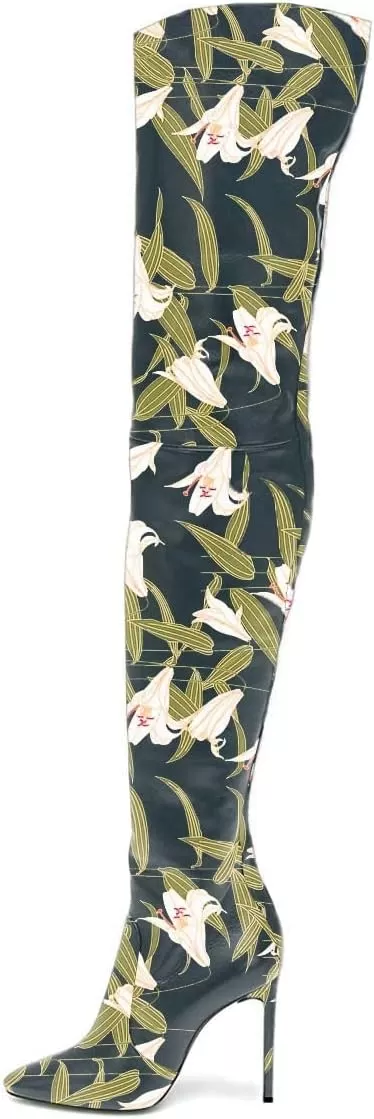 imageFSJ Women Fashion Pointed Toe Stiletto Heel Thigh High Over The Knee Boots Pull On Side Zipper Patent Leather Winter Shoes Size 415 USGreen Flower
