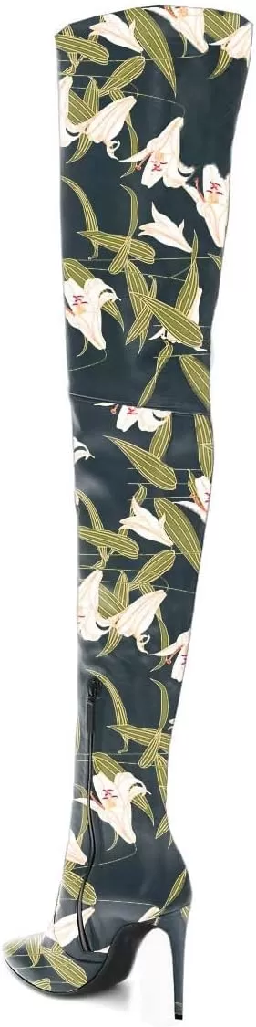 imageFSJ Women Fashion Pointed Toe Stiletto Heel Thigh High Over The Knee Boots Pull On Side Zipper Patent Leather Winter Shoes Size 415 USGreen Flower