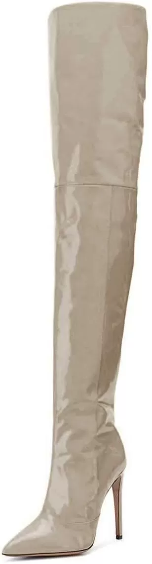 imageFSJ Women Fashion Pointed Toe Stiletto Heel Thigh High Over The Knee Boots Pull On Side Zipper Patent Leather Winter Shoes Size 415 USGrey