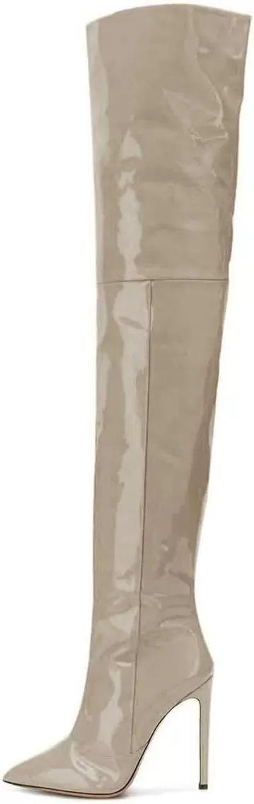 imageFSJ Women Fashion Pointed Toe Stiletto Heel Thigh High Over The Knee Boots Pull On Side Zipper Patent Leather Winter Shoes Size 415 USGrey