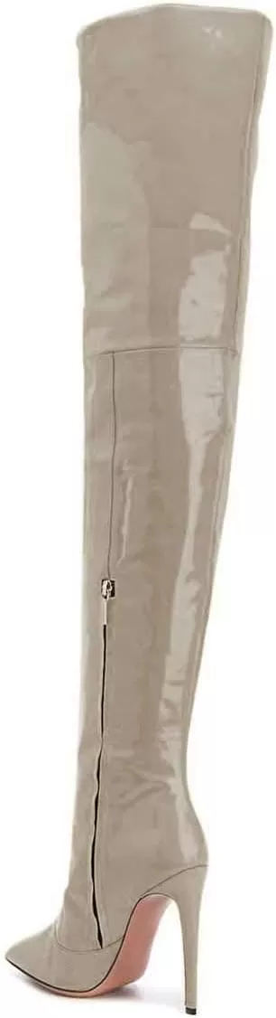 imageFSJ Women Fashion Pointed Toe Stiletto Heel Thigh High Over The Knee Boots Pull On Side Zipper Patent Leather Winter Shoes Size 415 USGrey