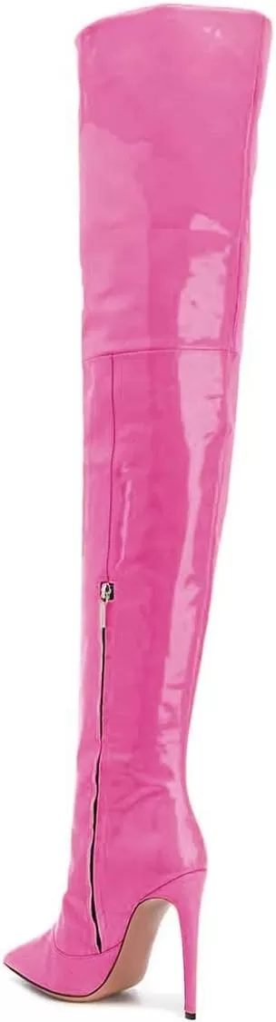 imageFSJ Women Fashion Pointed Toe Stiletto Heel Thigh High Over The Knee Boots Pull On Side Zipper Patent Leather Winter Shoes Size 415 USHot Pink